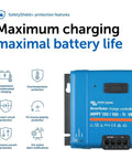 Smart Solar MPPT Bluetooth Charge Controller For Solar Panels 150V Input 100A Max Supports 12 24 36 48V Systems No Fuss Fast Power Tracking Battery Friendly Easy Setup shown with protective features and labels