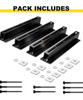 Overhead Garage Storage Rack With 17 Inch Black Rails Heavy Duty Ceiling Mount Bin Holder For 7 To 27 Gallon Tote Bins Up To 350 Lbs Per Set 4 Pack Easy Garage Organization And Shelving System components including four black metal rails, hardware.