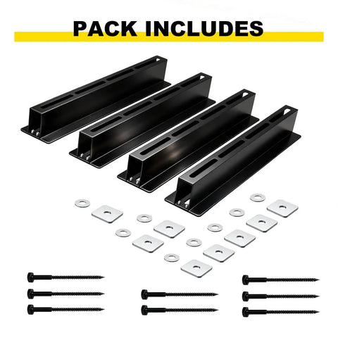 Overhead Garage Storage Rack With 17 Inch Black Rails Heavy Duty Ceiling Mount Bin Holder For 7 To 27 Gallon Tote Bins Up To 350 Lbs Per Set 4 Pack Easy Garage Organization And Shelving System components including four black metal rails, hardware.