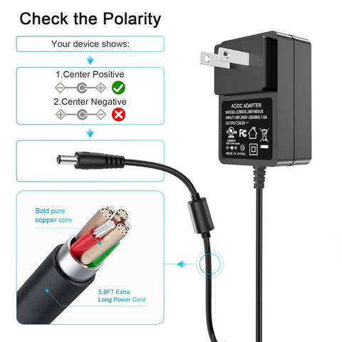 24V 1A Power Adapter From 100V To 240V AC To 24V DC UL Listed With 5.5mm By 2.5mm Plug And Five Tips 6 Ft Cable polarity guide