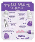 Twist Quick Decorating Coupler 4 Piece Set For Cakes And Icing, Easy Tip Change On The Fly With One Turn displayed with features.