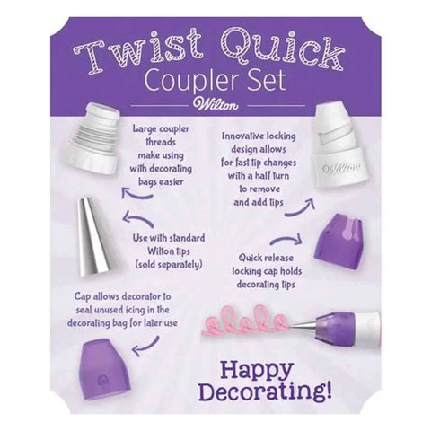 Twist Quick Decorating Coupler 4 Piece Set For Cakes And Icing, Easy Tip Change On The Fly With One Turn displayed with features.