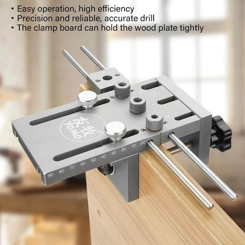 Three In One Dowel Jig Kit with Self Centering Jig, Drill Locator and Adjustable Drill, in use on wood, with clamp board.