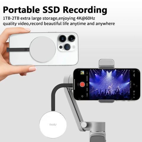 Magnetic Portable SSD 1TB For iPhone MagSafe attached, recording concert video in 4K, USB 3.2 Gen 2x2, sleek design