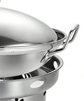 Close-up of Go-To Portable Alcohol Stove Set for Camping with adjustable lid pot and stainless steel handles.