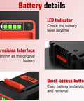 Rock Solid 40 Volt Replacement Battery Featuring A Sweet 3600 Mah Capacity And Heavy Duty Build. Close-up of LED indicator, precision interface, and quick-access button.
