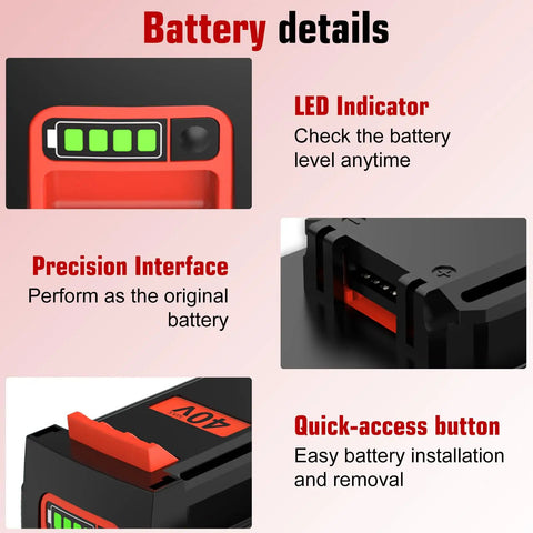 Rock Solid 40 Volt Replacement Battery Featuring A Sweet 3600 Mah Capacity And Heavy Duty Build. Close-up of LED indicator, precision interface, and quick-access button.