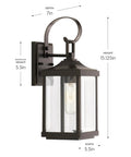 Gibbes Street Collection 1 Light Outdoor Wall Lantern in Antique Bronze with clear beveled glass, dimensions labeled.