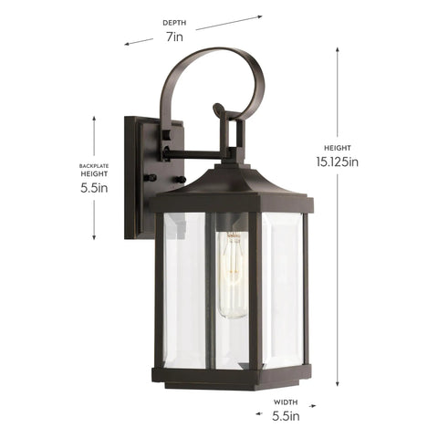 Gibbes Street Collection 1 Light Outdoor Wall Lantern in Antique Bronze with clear beveled glass, dimensions labeled.