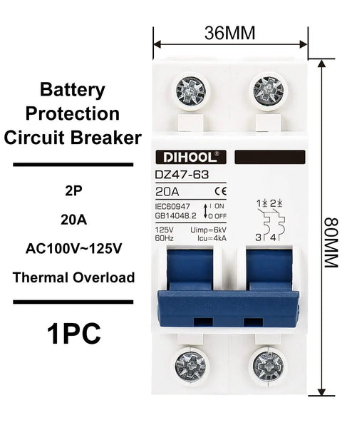 Front view of AC Miniature Circuit Breaker 2 Pole 20 Amp 110V Low Voltage Disconnect Switch For DIN Rail Mount, C Curve Trip.
