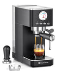 Slick No Fuss Espresso Machine With Built In Milk Frother And 20 Bar Italian Pump brewing espresso into a glass.