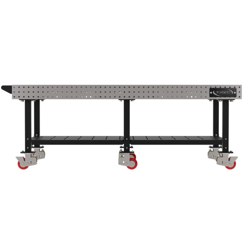 Pro Shop Heavy Duty Welding Fixture Table With Precision Laser Cut Grid Powder Coated Steel Frame Six Rolling Caster Wheels And Bottom Storage Rack For Makers side view with caster wheels