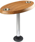 Top Shelf Oval Pontoon Boat Table Package Featuring Heavy Duty Aluminum Pedestal Stand And Stainless Steel Drink Holders With Slick Burlywood Finish.