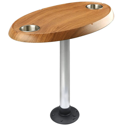 Top Shelf Oval Pontoon Boat Table Package Featuring Heavy Duty Aluminum Pedestal Stand And Stainless Steel Drink Holders With Slick Burlywood Finish.