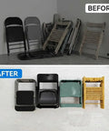 Before and after using Folding Chair Wall Mount Storage Rack Four Pack Heavy Duty Garden Tool Hangers for Garage Organization.