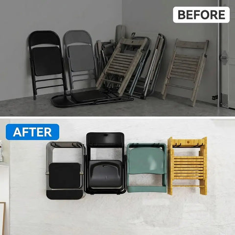 Before and after using Folding Chair Wall Mount Storage Rack Four Pack Heavy Duty Garden Tool Hangers for Garage Organization.