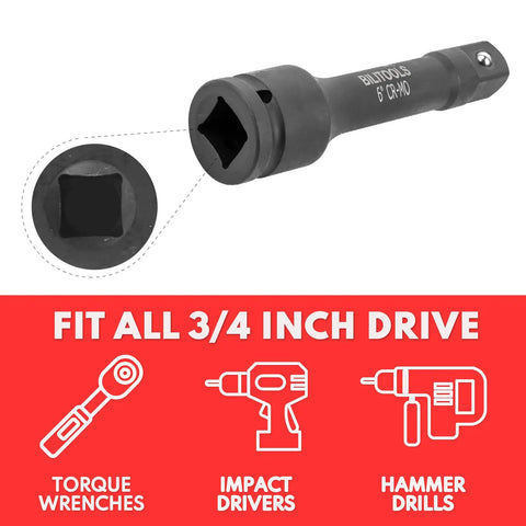 6 inch Heavy Duty 3 Piece 3/4 Inch Drive Impact Extension Bar Set With 4 6 And 10 Inch Options for auto repair.