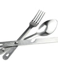 2 Pack Minimalist Camp Kitchen Utensil Set With Clip Together Knife Fork Spoon Lightweight Army Style MRE Chow Gear For Hiking And Camping, Includes Can Opener displayed together.