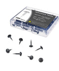 Top Shelf Vintage Flower Upholstery Tacks 200 Pack Small 5/16 Inch Head Nails in a clear container with matte black gray finish.