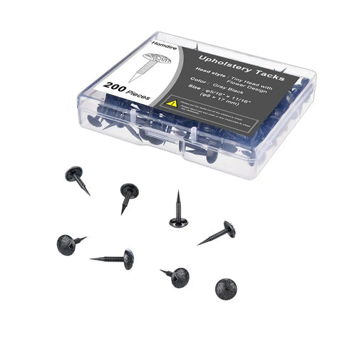 Top Shelf Vintage Flower Upholstery Tacks 200 Pack Small 5/16 Inch Head Nails in a clear container with matte black gray finish.