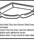 Diagram showing installation details of Bone Almond Glazed Ceramic Corner Shower Shelf, Large Size Bathroom Organizer.