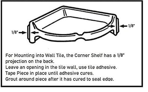 Diagram showing installation details of Bone Almond Glazed Ceramic Corner Shower Shelf, Large Size Bathroom Organizer.