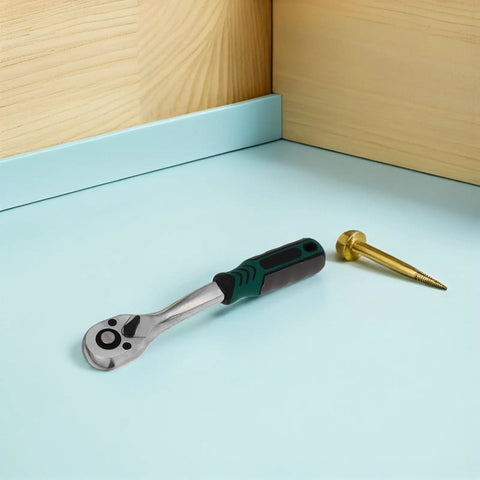 Heavy Duty 10mm Quick Release Ratchet Extension Featuring 72 Tooth Reversible Head For Mechanics Seeking Straight Fire Torque And Slick As Butter Movement In Tight Garage Spots on a work surface with a golden screw.