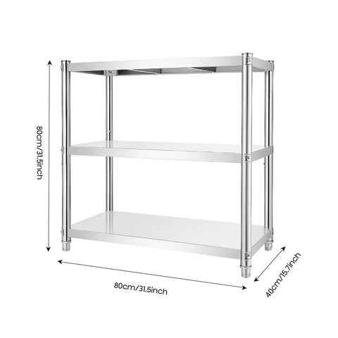 3 Tier Stainless Steel Storage Rack Built Rugged And Hella Solid Vertical Organizer For Kitchen Pantry Garage Waterproof Heavy Duty Multi Tier Utility Shelf 31.5 Inches with dimensions 80x40cm.