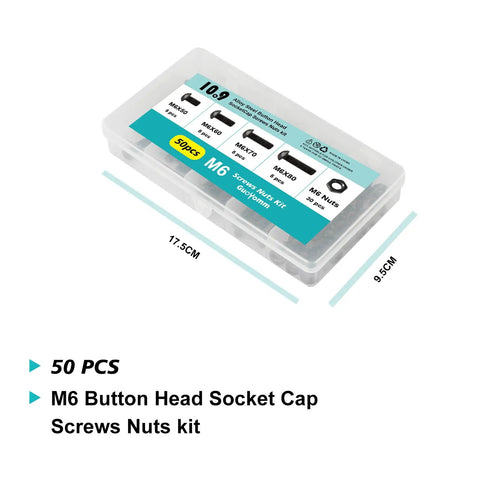 50Pcs M6 Button Head Socket Cap Screws Kit With 50 60 70 80mm Lengths Fully Threaded 10.9 Grade Alloy Steel Black Oxide Finish