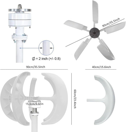 Vertical Lantern Wind Turbine Generator Kit With Controller, 4000W-6000W Output, 24V System, 5 Blade Design dimensions