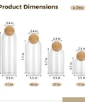 Product dimensions of Straight Up Kitchen Essential Four Piece Glass Jar Collection With Airtight Spherical Cork Lids, sizes 17oz to 51oz.