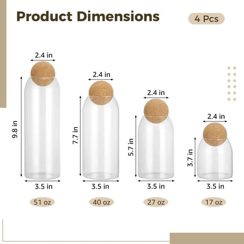 Product dimensions of Straight Up Kitchen Essential Four Piece Glass Jar Collection With Airtight Spherical Cork Lids, sizes 17oz to 51oz.