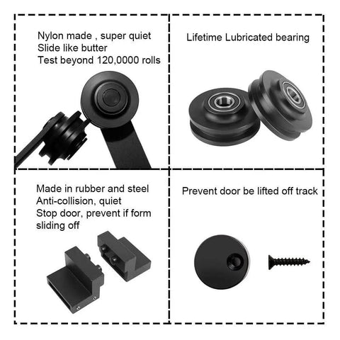 Black Top Mounted Wood Sliding Barn Door Hardware Kit For Double Doors Bypass Closet Track System With Heavy Duty Rollers Easy Install Guide And All Mounting Accessories 9Ft 2740mm Length - detailed view of rollers and bearings