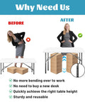 Adjustable Table Leg Extenders Knock Your Saggy Desks Into Shape With Bulletproof Steel Risers in before and after comparison.