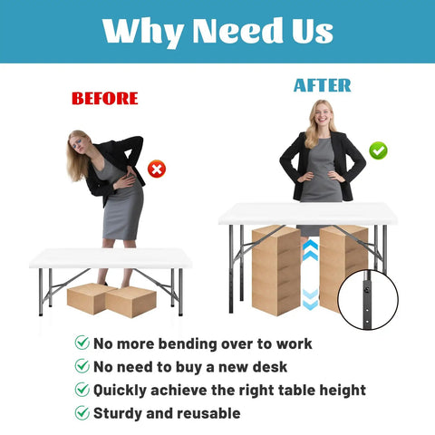 Adjustable Table Leg Extenders Knock Your Saggy Desks Into Shape With Bulletproof Steel Risers in before and after comparison.