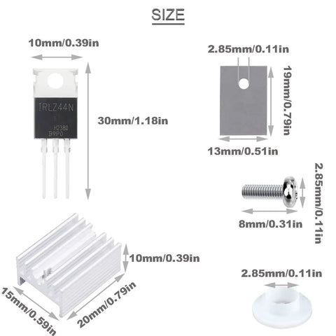 20 Pack IRLZ44N IRLZ44NPBF N-Channel MOSFET Transistors TO-220AB 55V 47A With Heatsinks And Hardware Includes Screws Washers For DIY Power Electronics Projects And Hobbies, dimensions shown