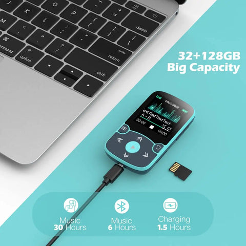 32GB Clip On MP3 Player With Bluetooth 5.3 For Sports, A65 Pedometer Music Player beside laptop, showing charging