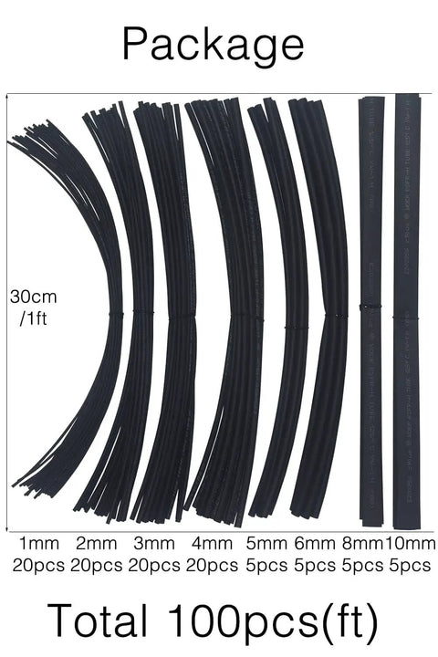 100 Ft Heat Shrink Tubing Assortment Pack 2 To 1 Shrink Ratio Non Adhesive Single Wall Black 1 2 3 4 5 6 8 10 mm