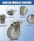 Rock Solid Workhorse 4 Inch Stainless Steel Casters with rubber wheels and swivel for heavy duty labor and 360° rotation.