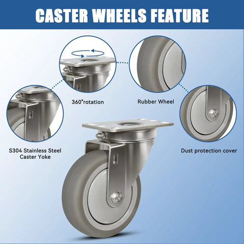 Rock Solid Workhorse 4 Inch Stainless Steel Casters with rubber wheels and swivel for heavy duty labor and 360° rotation.