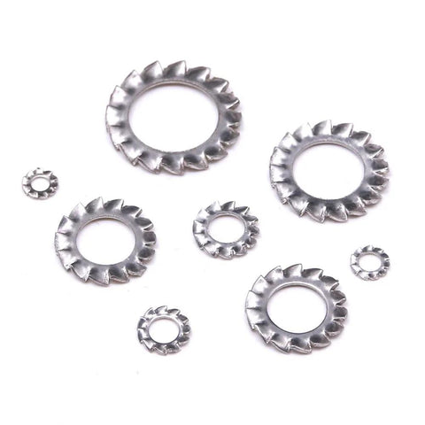 Assorted 304 stainless steel external-tooth star lock washers in sizes M2.5-M12 (kit).