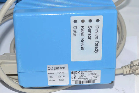 Close-up of Beefy Fixed-Mount Laser Barcode Scanner CLV490-0010 with V5.00 software label and blue rugged casing.