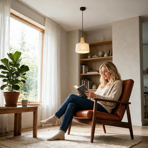 milaruoro Pendant Light with Bamboo and Fabric Shade, Black Hanging Light Fixture for Kitchen Island, Modern Farmhouse Lighting for Dining Room Bedroom Living Room Hallway illuminating a cozy reading corner.
