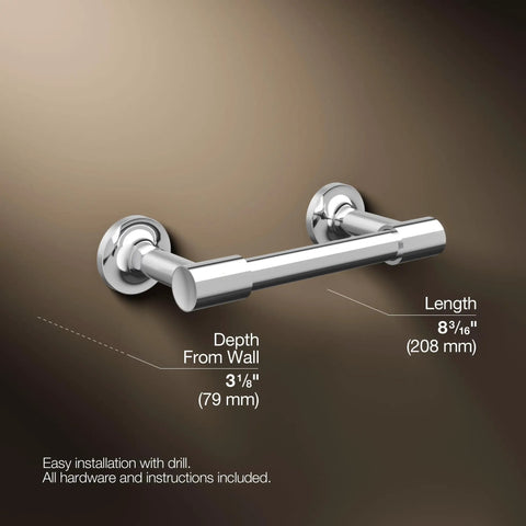 Purist Toilet Paper Holder In Polished Chrome, Pivoting For Quick Roll Changes, dimensions shown, metal build, easy install