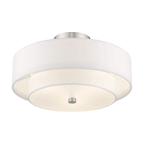 Brushed Nickel Flush Mount Ceiling Light With Off White Fabric Hardback Shade, Transitional Style Fixture for Living Room, Hallway, and Entryway Decor Vibe.