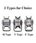 Three types of Four Pack Tough As Nails 304 Stainless Steel Groove Caster Wheels for Sliding Gates and Rolling Doors.