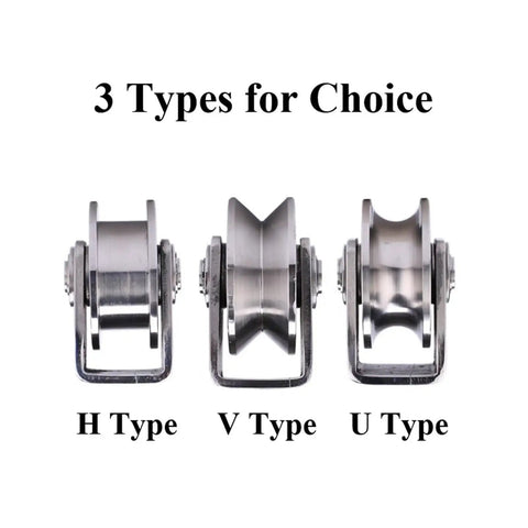 Three types of Four Pack Tough As Nails 304 Stainless Steel Groove Caster Wheels for Sliding Gates and Rolling Doors.