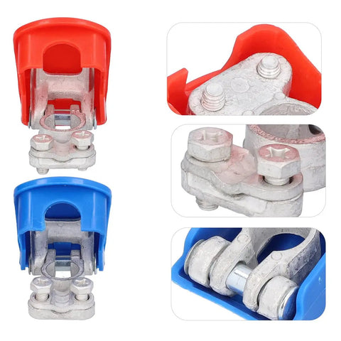 2 Pack Battery Terminals Clamps With Plastic Covers Brass Tinned Terminal Connectors For Car And Van Positive And Negative Quick Release Clips Built To Last And Ready For Any Auto Job with close-up views.