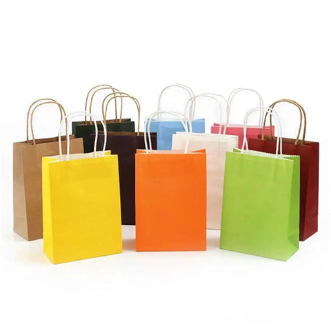 Assorted Colorful Handle Kraft Paper Bags Set Of 50 Or 100 On The Go Portable Shopping Bags For Groceries Gifts Weddings And Parties