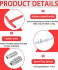 Diagram showing product details of Universal Spark Plug Socket Wrench Set With T Handle, carbon steel, rubber-coated handle.